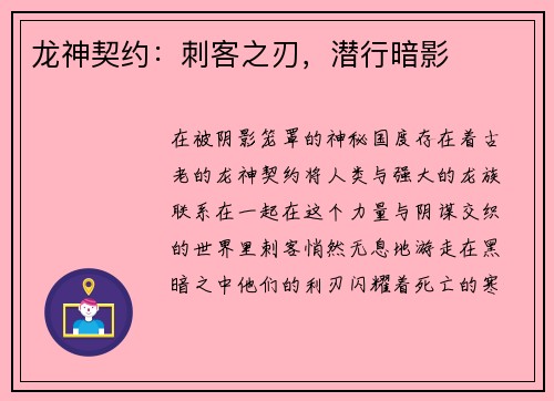 龙神契约：刺客之刃，潜行暗影